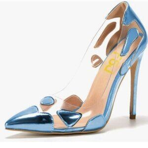 FSJ Women Studded Pointed Toe Transparent Pumps High Heels Shoes Blue